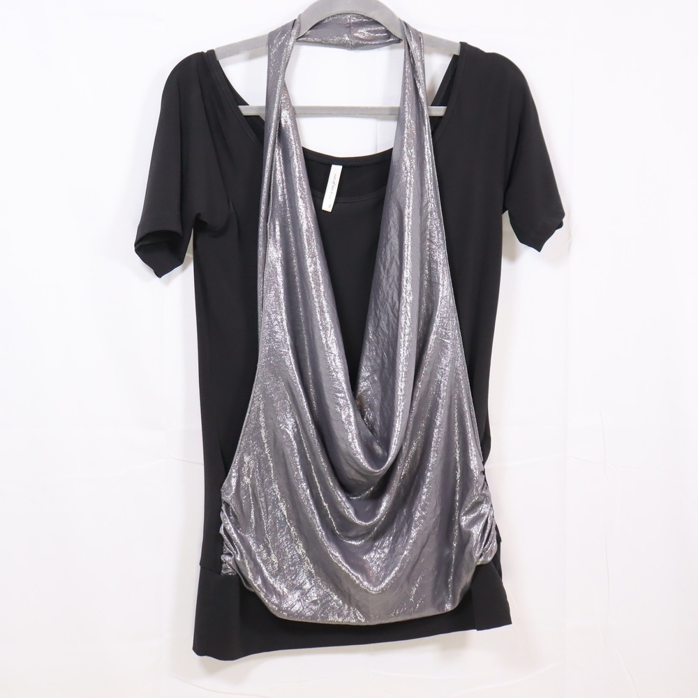 Out of the Blue Cowl Neck Top 2 Black Metallic Womens Drape Clubwear